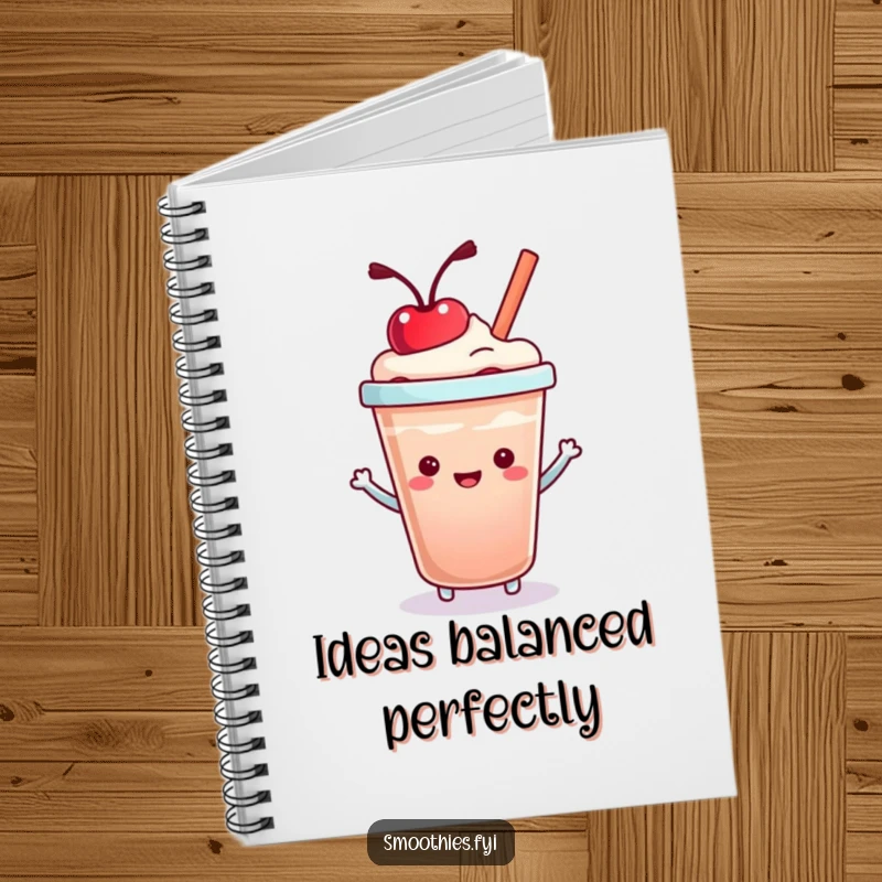 Funny Kawaii Smoothie Cup Notebook with a cute character happily bouncing a cherry, perfect for jotting down funny thoughts.