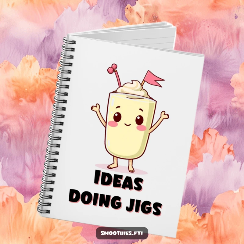 Funny notebook with a dancing kawaii smoothie character waving a tiny flag, inspiring humorous thoughts and celebratory notes.