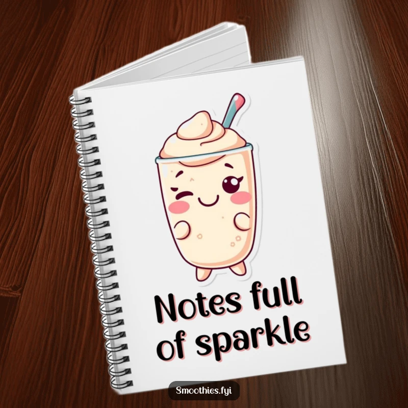 Funny Kawaii smoothie notebook, character giving a playful wink, ideal for notes and creative expression.
