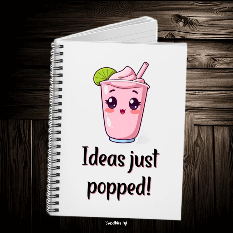 Funny notebook with a surprised kawaii smoothie character, wide-eyed and popping from a cup, inspiring humorous ideas and notes.