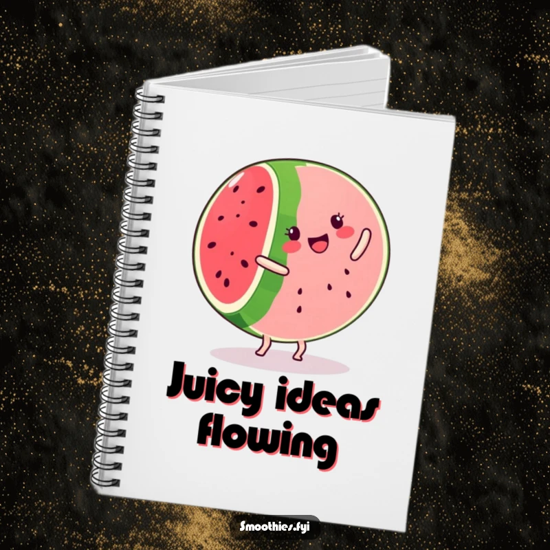 Funny kawaii watermelon slice notebook, smiling and doing a cartwheel, perfect for jotting down fun ideas.