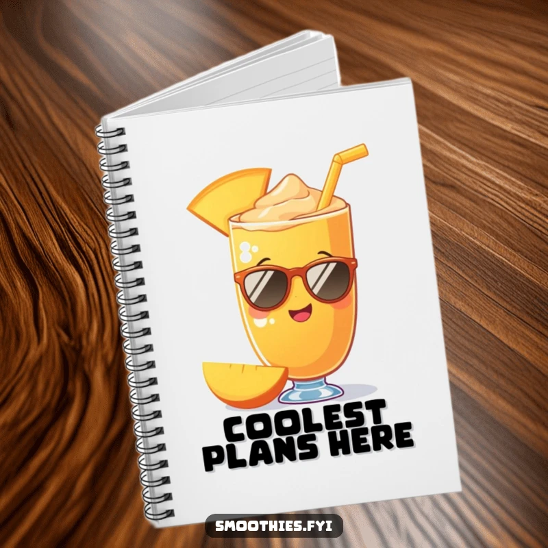 Funny mango smoothie wearing sunglasses on a notebook cover, inspiring creativity and cool vibes. A delightful funny gift.