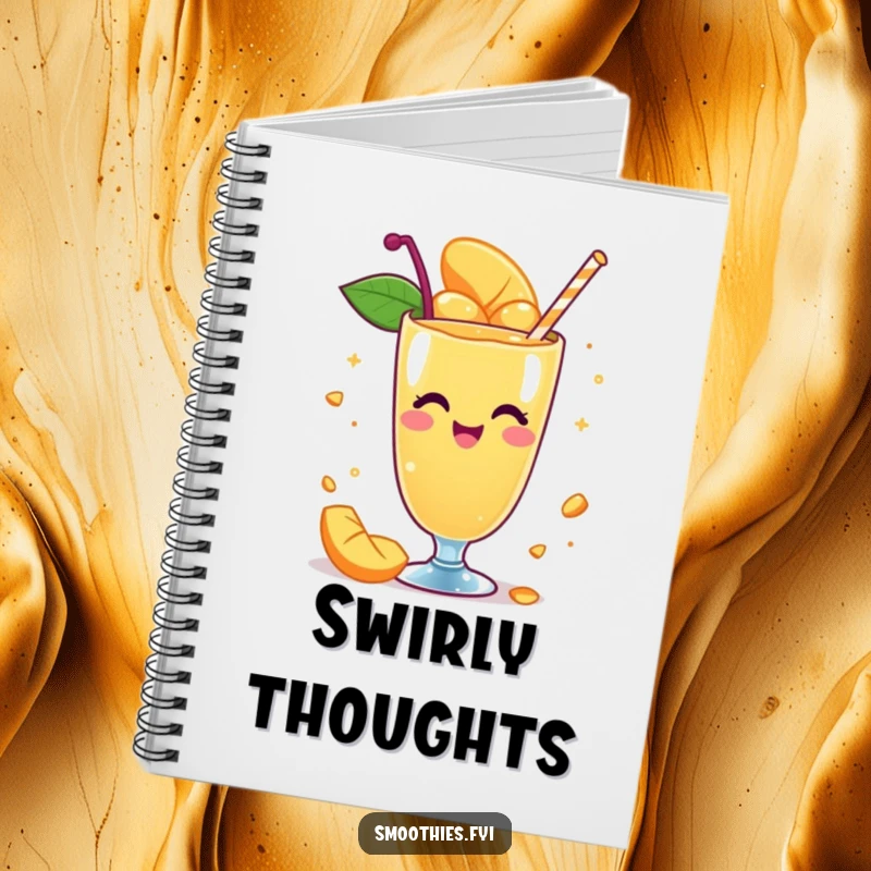 Funny notebook with a whimsical mango smoothie character spinning with delight, ideal for jotting down playful ideas with flair.
