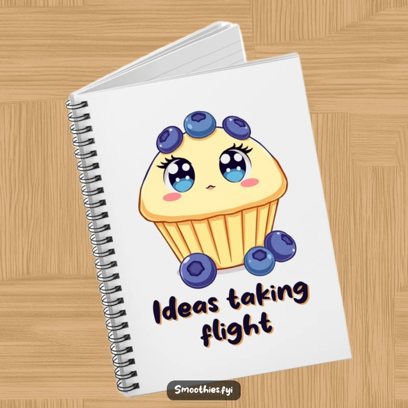 Funny Blueberry Muffin Notebook with a surprised muffin character, eyes wide, floating upwards, perfect for journaling.