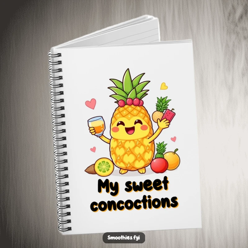 Funny jolly pineapple character blending fruits, featured on a notebook cover for fun.