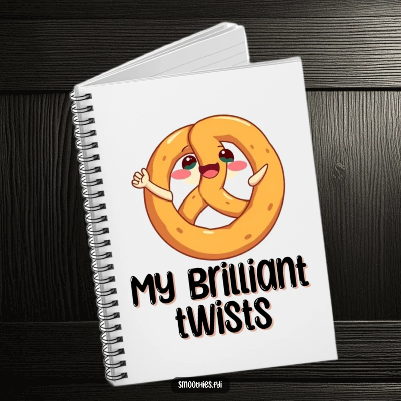 Funny Pretzel Notebook with a happy, wide-grinning pretzel character performing a joyful spin on the cover.