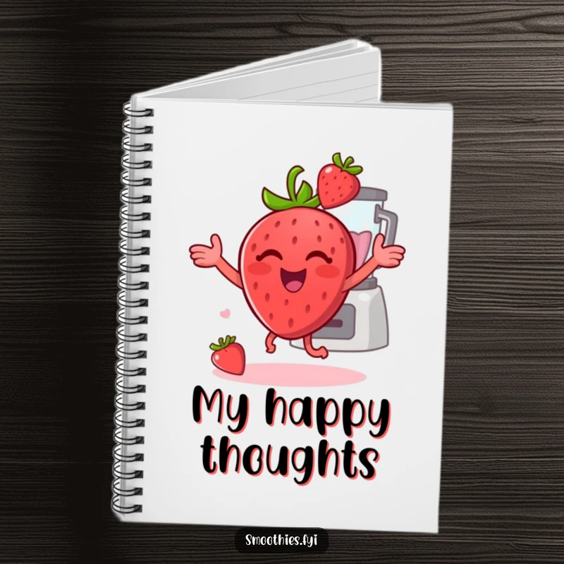 Funny cheerful strawberry dancing with a blender behind it on a notebook, perfect for jotting down creative and happy thoughts.