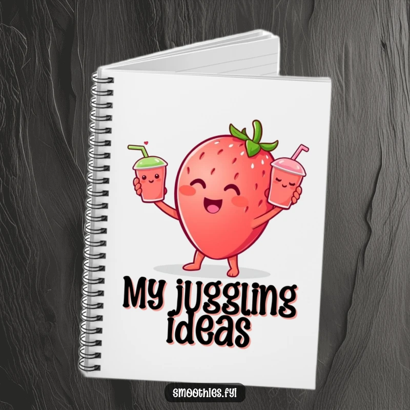 Funny Strawberry character juggling tiny smiling smoothie cups on the cover of this cheerful and funny notebook.