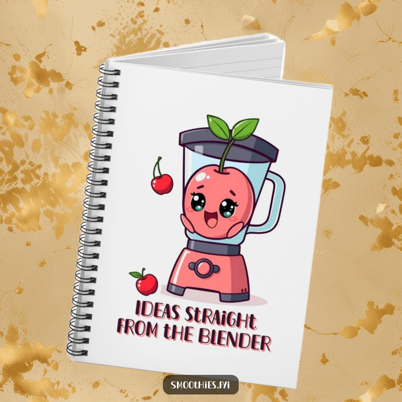 Funny surprised cherry character making a dramatic exit from a blender on a notebook cover for humorous note-taking.