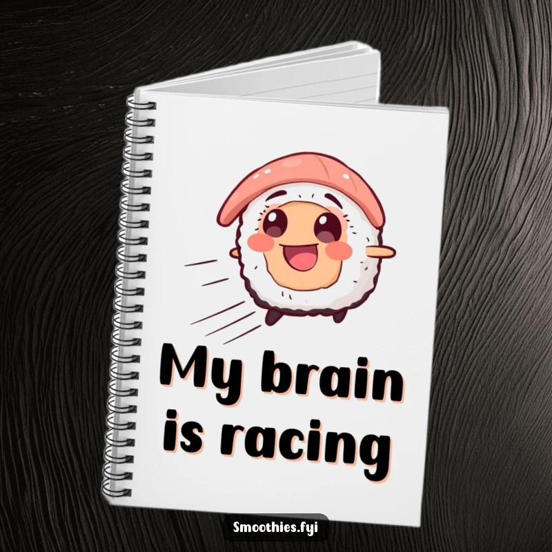 Funny notebook with a smiling sushi character zooming forward with speed lines, ideal for jotting down notes with a touch of speed and humor.