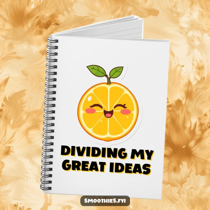 Funny notebook featuring a cheerful tangerine winking as it splits in half, perfect for notes, journaling, and bright ideas.