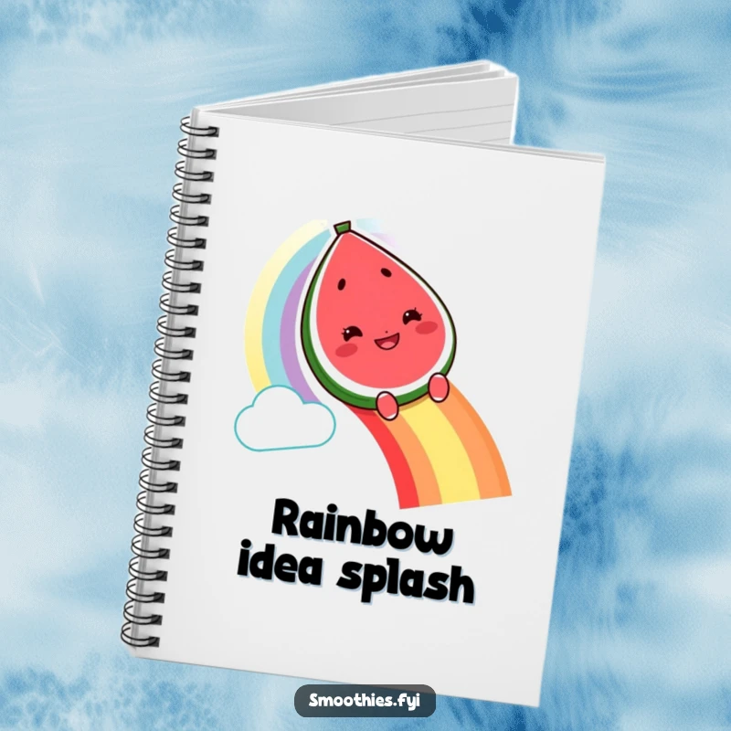 Funny grinning watermelon character notebook sliding down a rainbow, perfect for notes and whimsical creativity.
