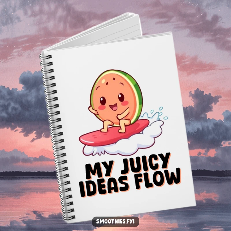 Funny notebook featuring a cheerful watermelon slice surfing on a jelly wave, perfect for notes, journaling, and summer plans.