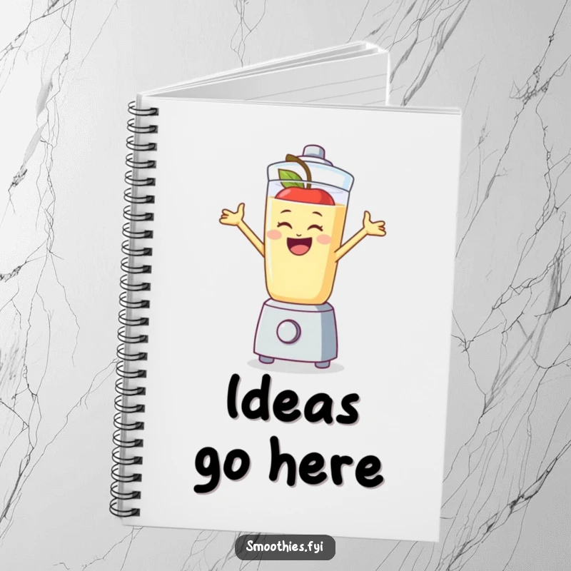 Funny apple smoothie character gleefully jumping in a blender, a humorous notebook for capturing inspired thoughts.