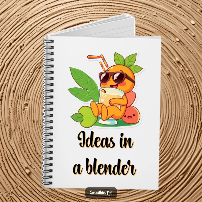 Funny orange character wearing sunglasses relaxing in a smoothie, on the cover of a notebook, inspiring creative and humorous writing.