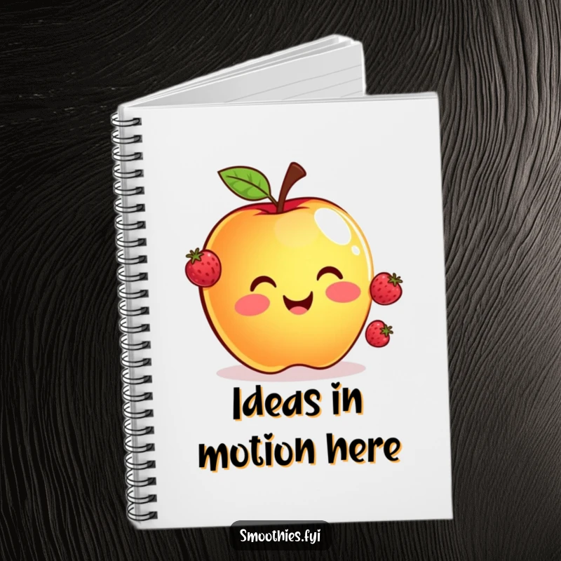Funny notebook with a smiling apple juggling three tiny floating berries, perfect for notes, journaling, or creative brainstorming.