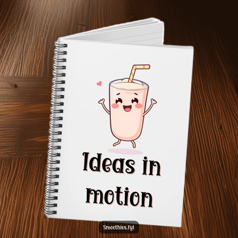 Funny cheerful Kawaii smoothie character doing a joyful dance with a straw, printed on a notebook for jotting down all your happy plans.