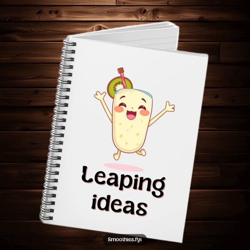 Funny notebook with an excited kiwi smoothie character jumping with glee, ideal for jotting down energetic ideas with flair.