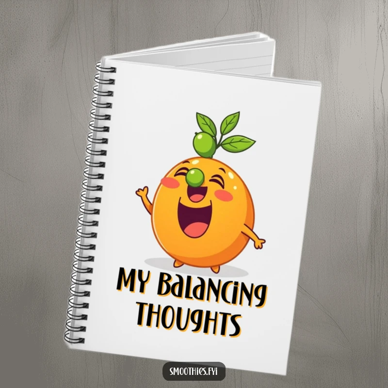 Funny notebook cover depicting an excited orange character expertly balancing a lime on its nose, promoting fun ideas.