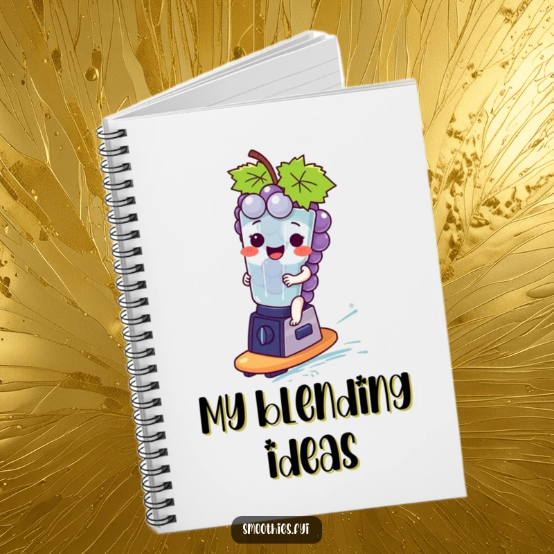 Funny giggling grape bunch surfing a tiny blender, inspiring fun ideas within this notebook.
