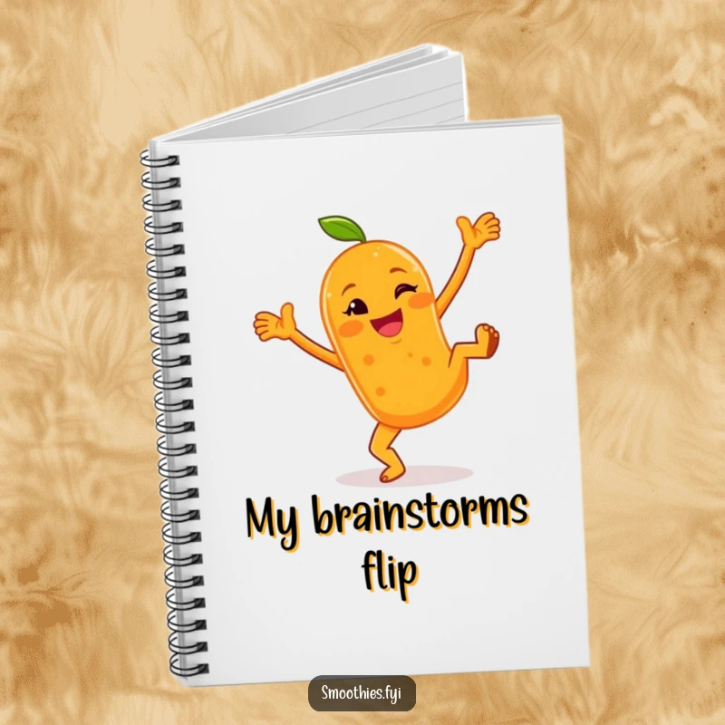 Funny notebook with a cheerful anthropomorphic orange smoothie doing cartwheels with a wink, perfect for jotting down energetic thoughts.
