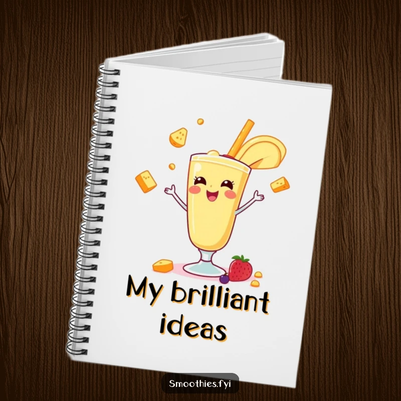 Funny banana smoothie juggling fruits on a notebook cover, perfect for creative minds and humor lovers. A funny gift.