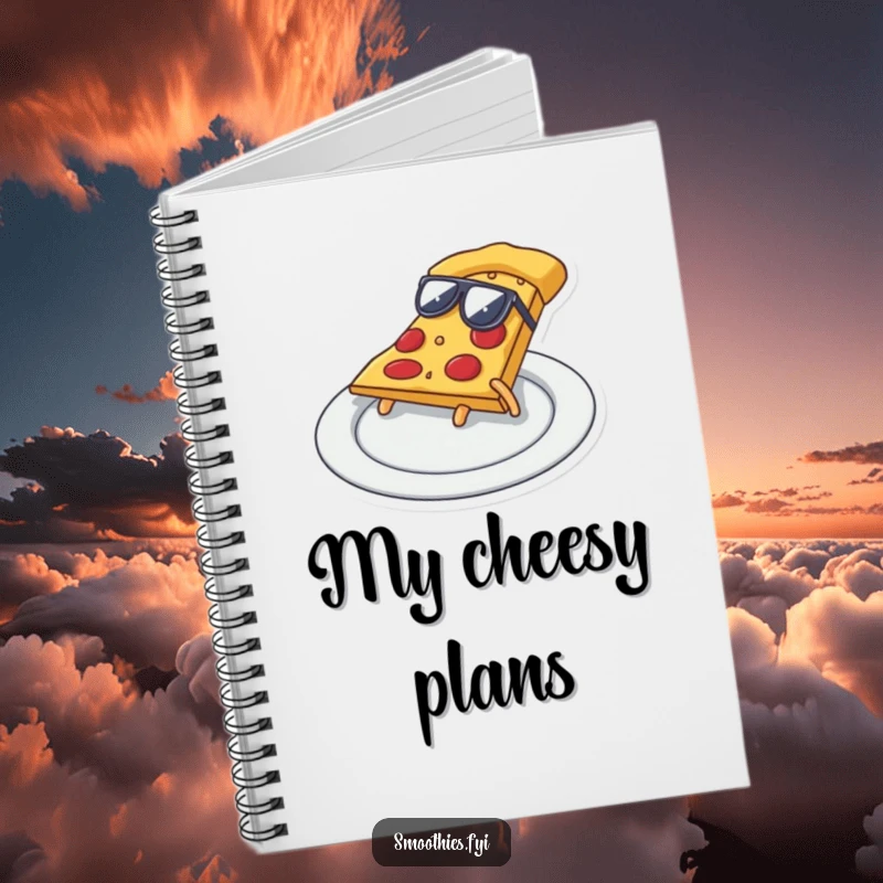 Funny pizza slice wearing sunglasses, cool sliding on a plate, a humorous notebook for all your notes.