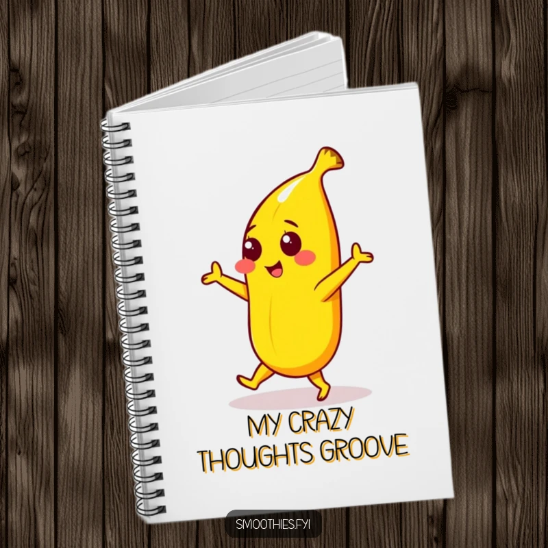 Funny notebook with a yellow banana character in a playful dance, ideal for jotting down notes with a touch of fun and humor.