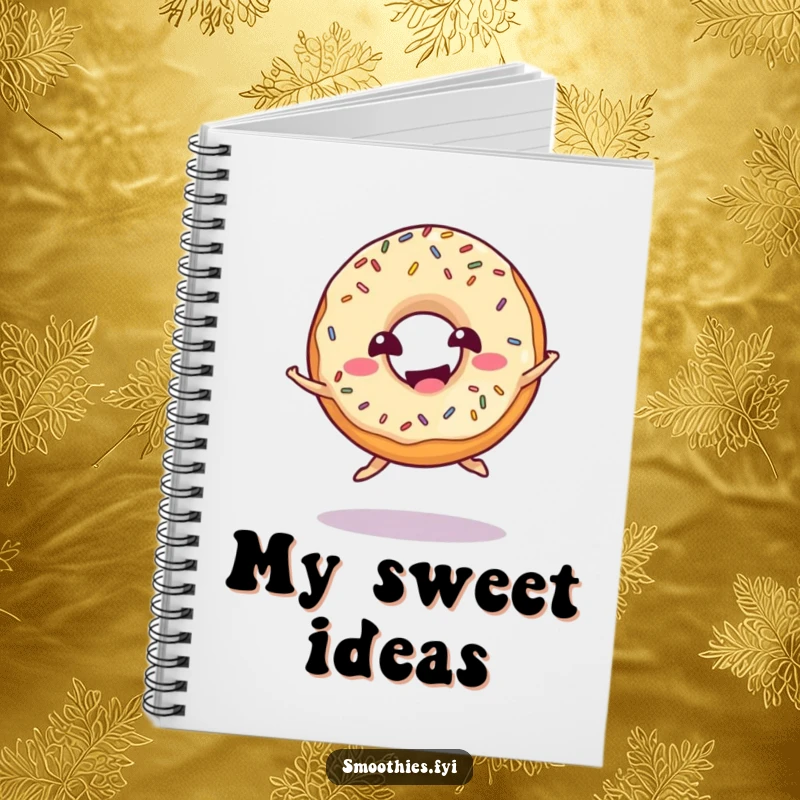 Funny donut notebook with a giggling donut having sprinkles and doing a playful jump, ideal for joyful notes.
