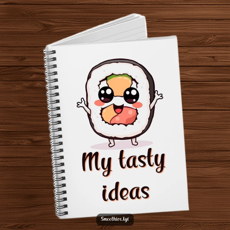 Funny sushi notebook with a googly-eyed sushi roll character doing a silly jig, ideal for jotting down fun notes.