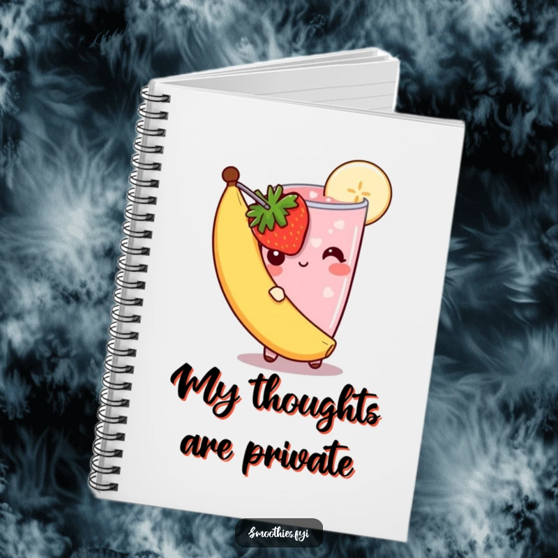 Funny shy smoothie notebook with a strawberry smoothie peeking from behind a banana slice, symbolizing the soft sharing of sweet, bashful ideas.