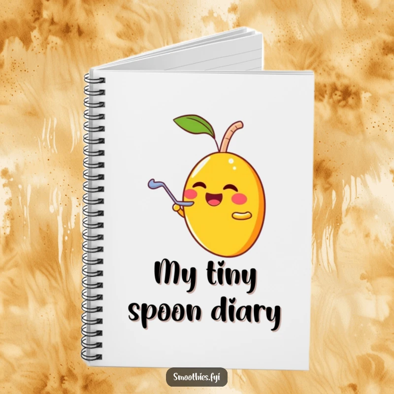Funny laughing mango character sharing a smoothie with a tiny spoon on the cover of a humorous notebook.