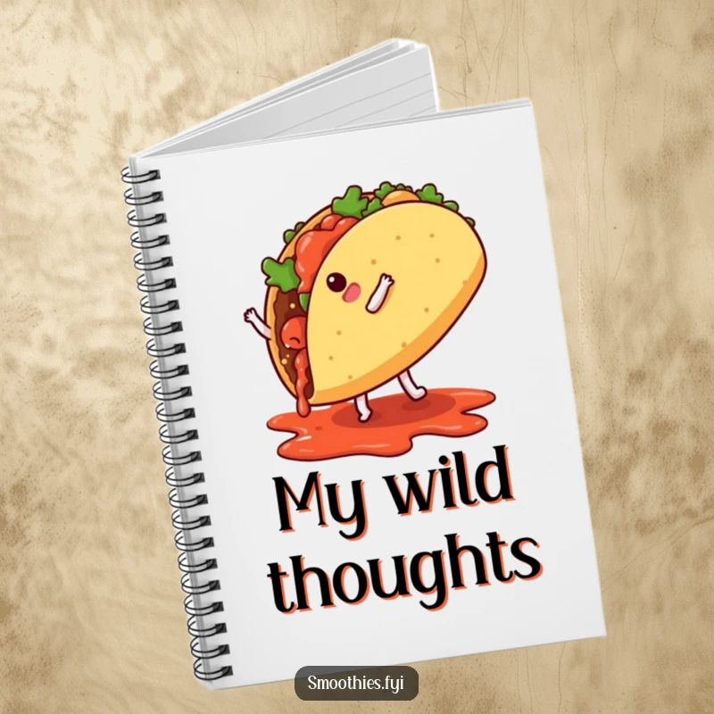 A lively taco doing a cartwheel with salsa dripping, a humorous notebook for all your important notes.