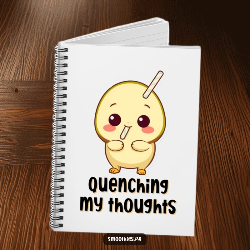 Funny playful kiwi with a straw sticking out, ready to sip, on a notebook, perfect for documenting refreshing ideas.