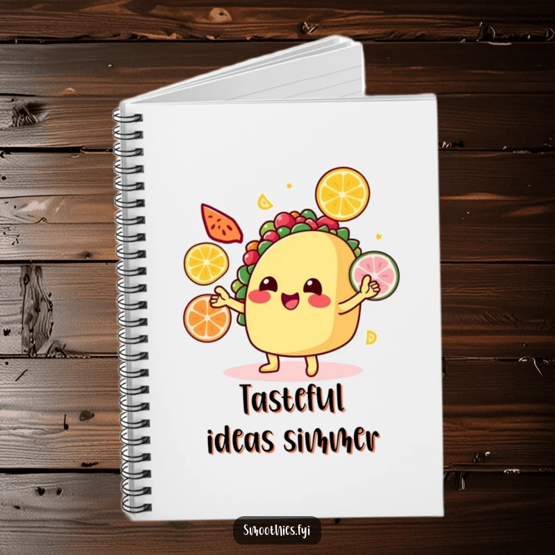 Funny Notebook: A smiling taco juggles colorful fruit slices, perfect for jotting down recipes and ideas.