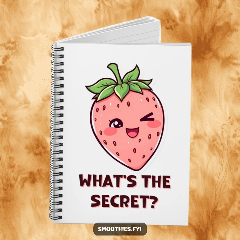 Funny notebook adorned with a cheerful strawberry character giving a sly wink, ideal for jotting down notes with a touch of humor.
