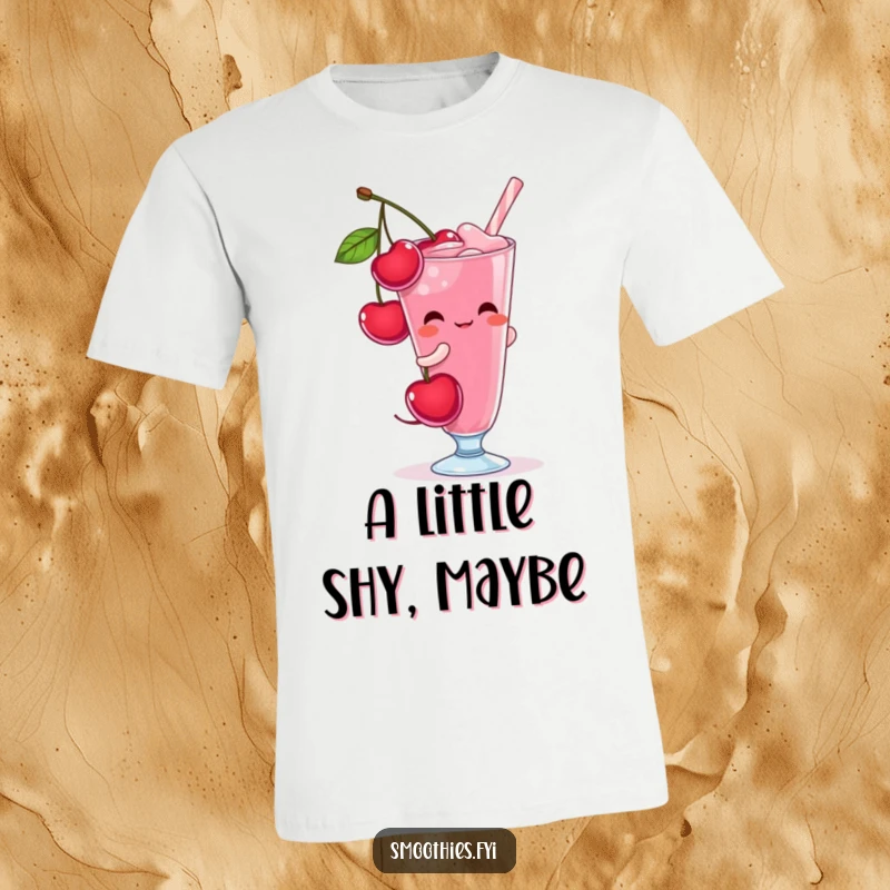 Funny shy cherry character blushing as it gracefully pours itself into a smoothie glass, featured on this t-shirt.