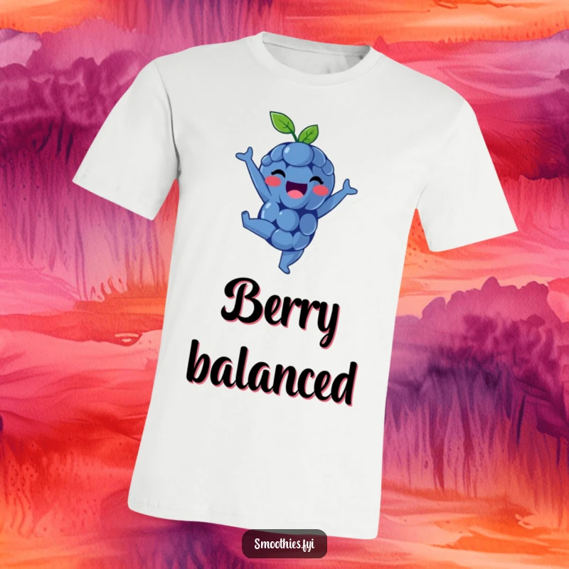 Funny t-shirt depicting a happy blueberry doing a handstand, showcasing balance and joy.
