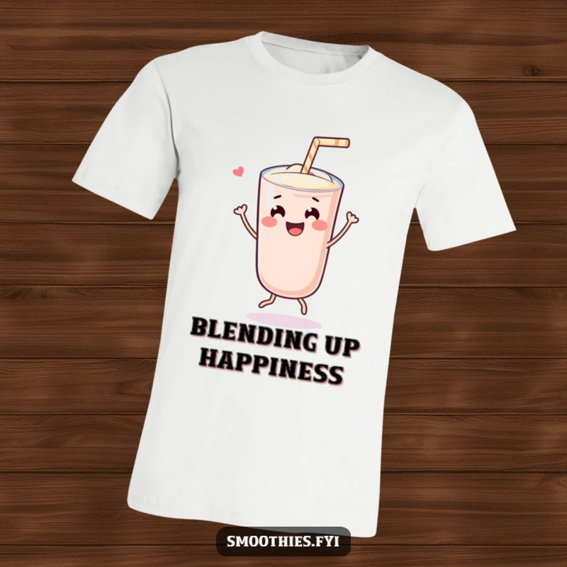 Funny cheerful Kawaii smoothie character doing a joyful dance with a straw, looking ecstatic on a fun and vibrant t-shirt.