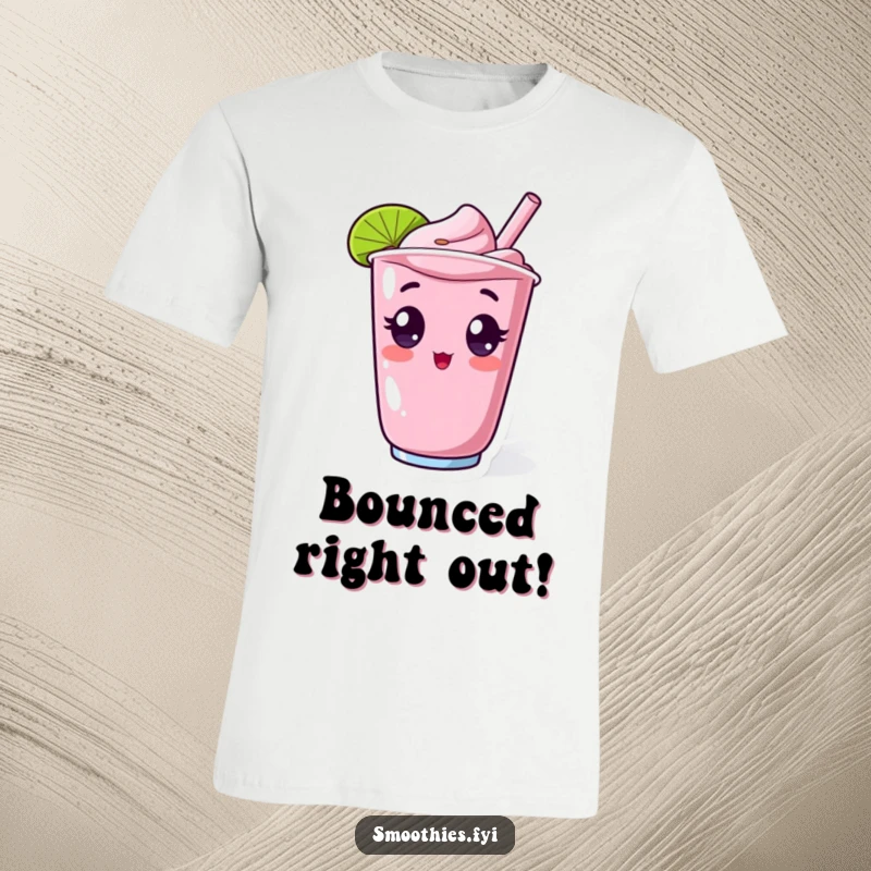 Funny t-shirt with a surprised kawaii smoothie character, wide-eyed and popping out of a cup, embodying humorous, energetic shock.