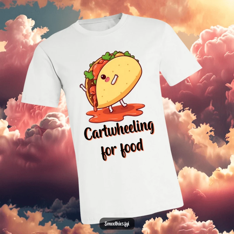 A lively taco with tiny legs performing a cartwheel with dripping salsa, a humorous t-shirt graphic.