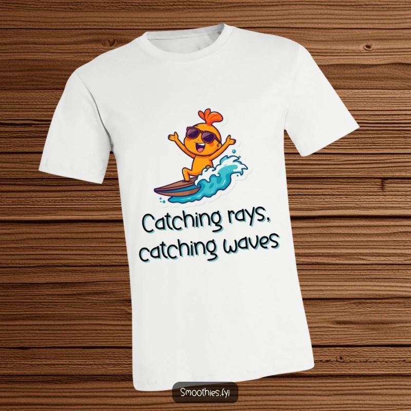 Funny orange character with sunglasses joyfully surfing a wave on a colorful t-shirt, radiating cool vibes.
