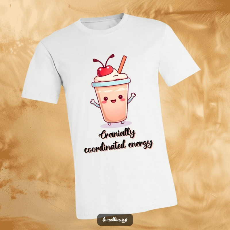 Funny Kawaii Smoothie Cup T-Shirt featuring a cheerful character bouncing a cherry, bringing smiles and fruity fun. A must-have for kawaii enthusiasts.