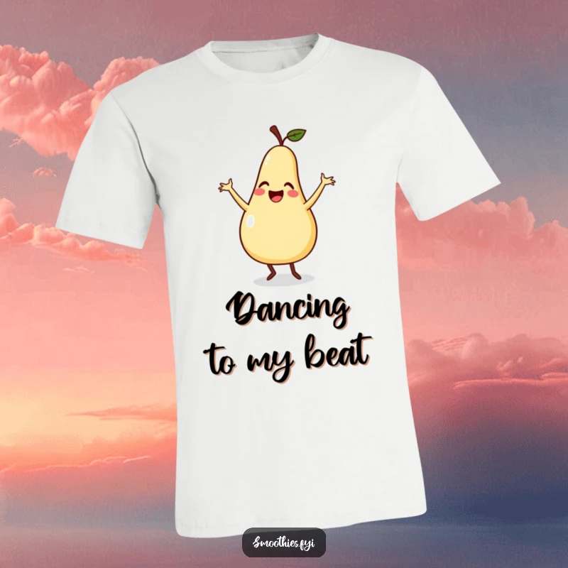 Funny t-shirt depicting a smiling pear performing a silly dance with flailing arms, radiating carefree fun and energy.