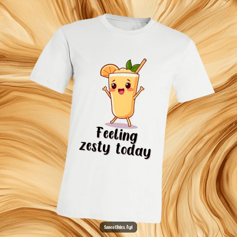 Funny grapefruit smoothie t-shirt showing a beaming character doing a lively shimmy, conveying pure happiness.
