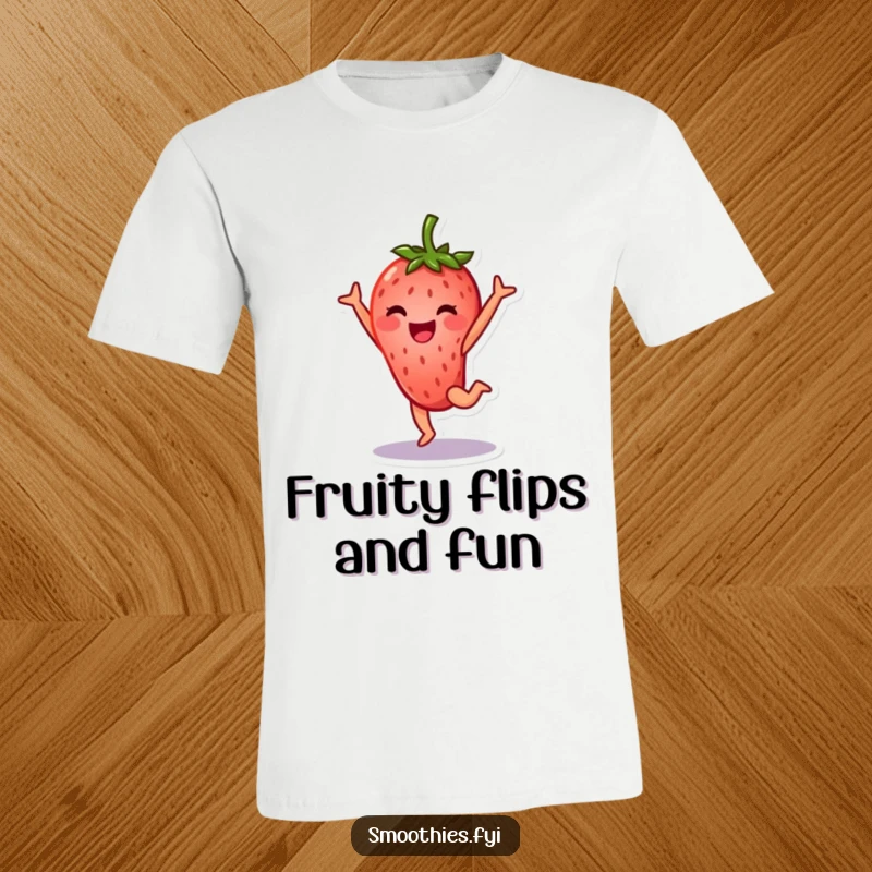 Funny strawberry character t-shirt performing a cartwheel with a huge smile, energetic and fun fruit apparel.