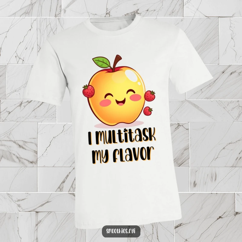 Funny t-shirt with a smiling apple artistically juggling three miniature floating berries, capturing a moment of fruity performance.