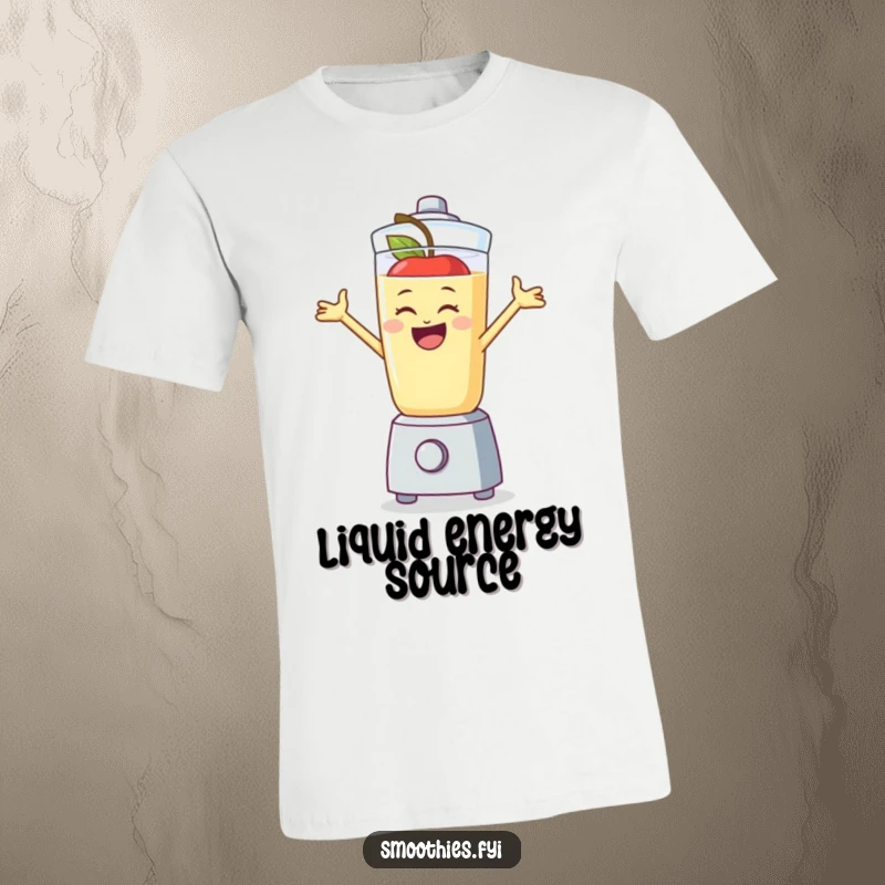Funny apple smoothie character joyfully jumping inside a blender, a humorous and energetic t-shirt design.