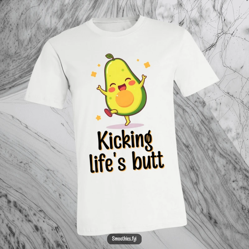 Funny t-shirt featuring a gleeful avocado character performing an athletic high kick with dynamic pose and expression.