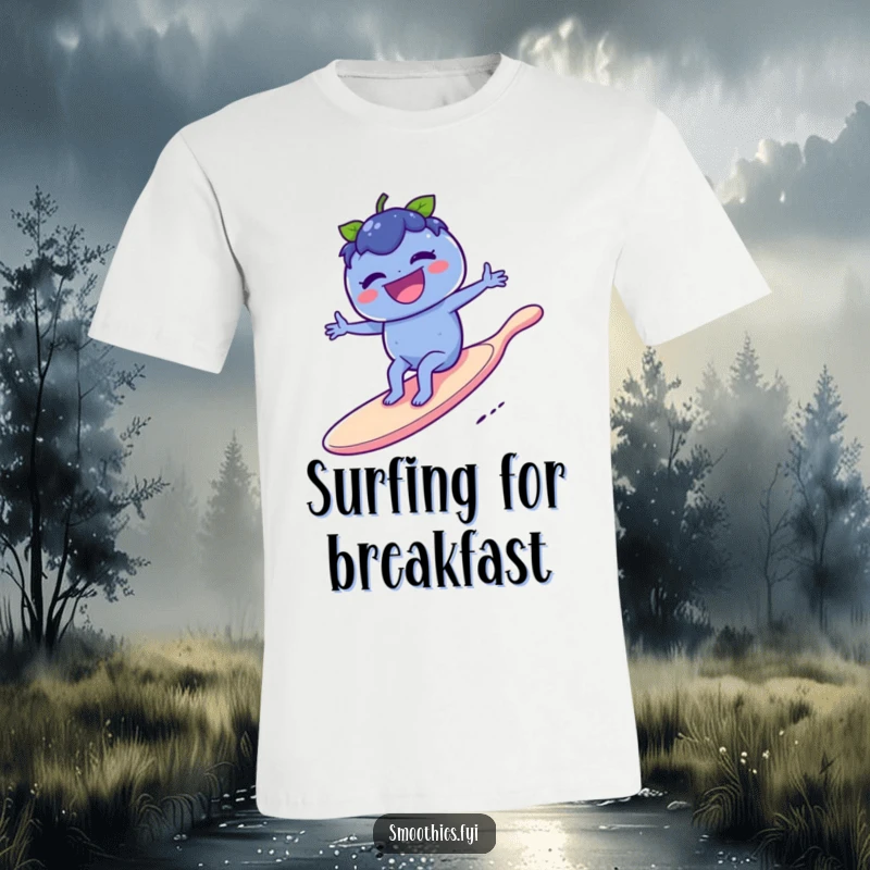 Funny blueberry laughing while riding a giant spoon like a surfboard on a t-shirt, showcasing a bold and humorous personality.